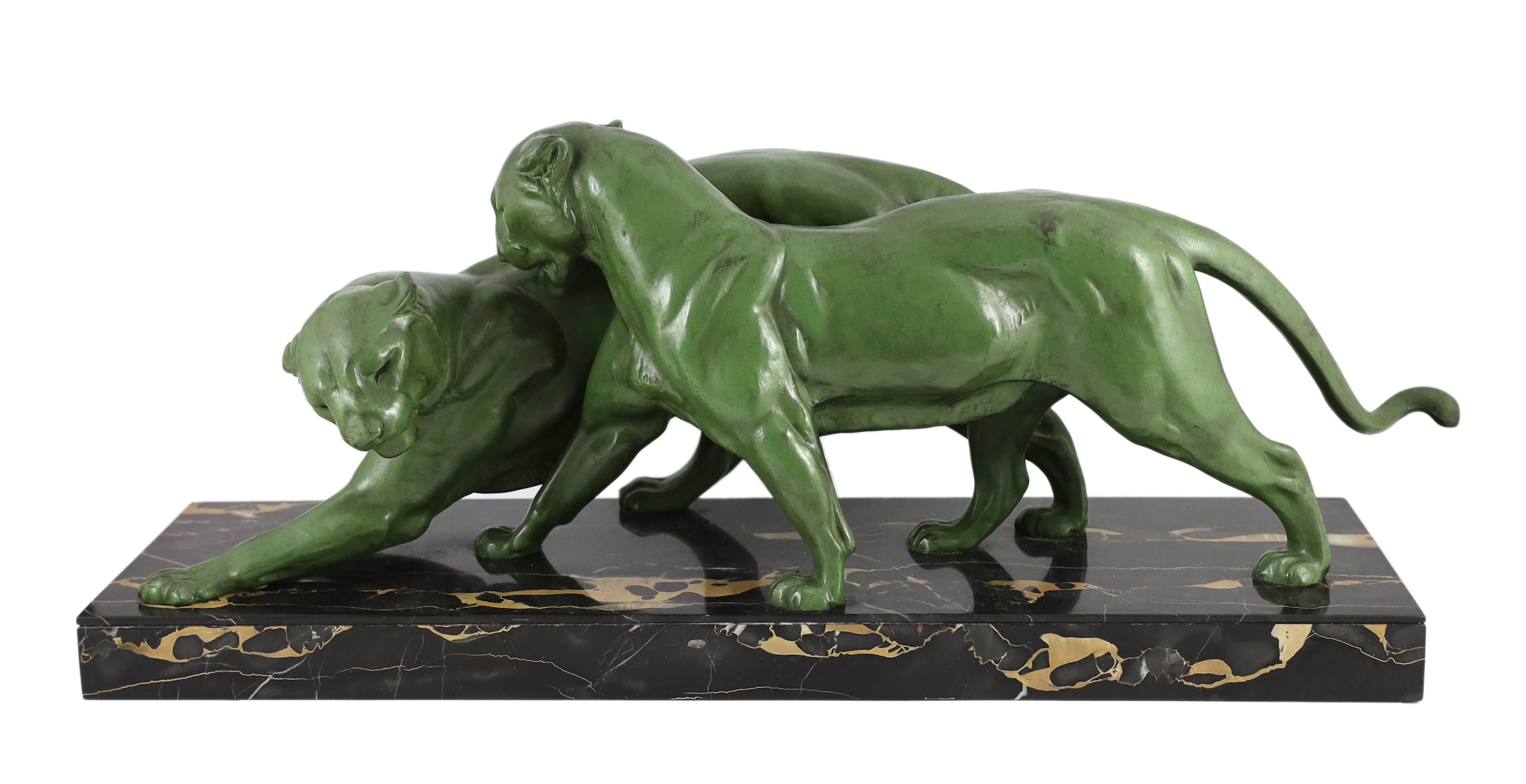 Plagnet. A French Art Deco patinated spelter group of two panthers, 79cm long, 25cm deep, 32cm high
